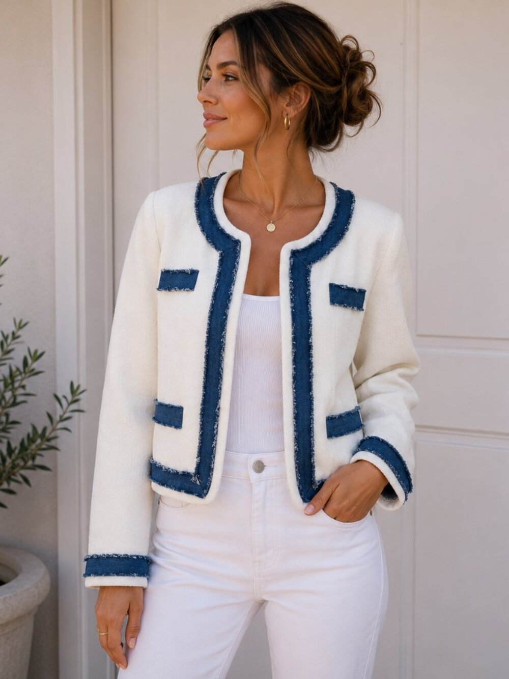 Elle Grey Contrast Trim Tweed Jacket Size S | Cream Cropped Blazer